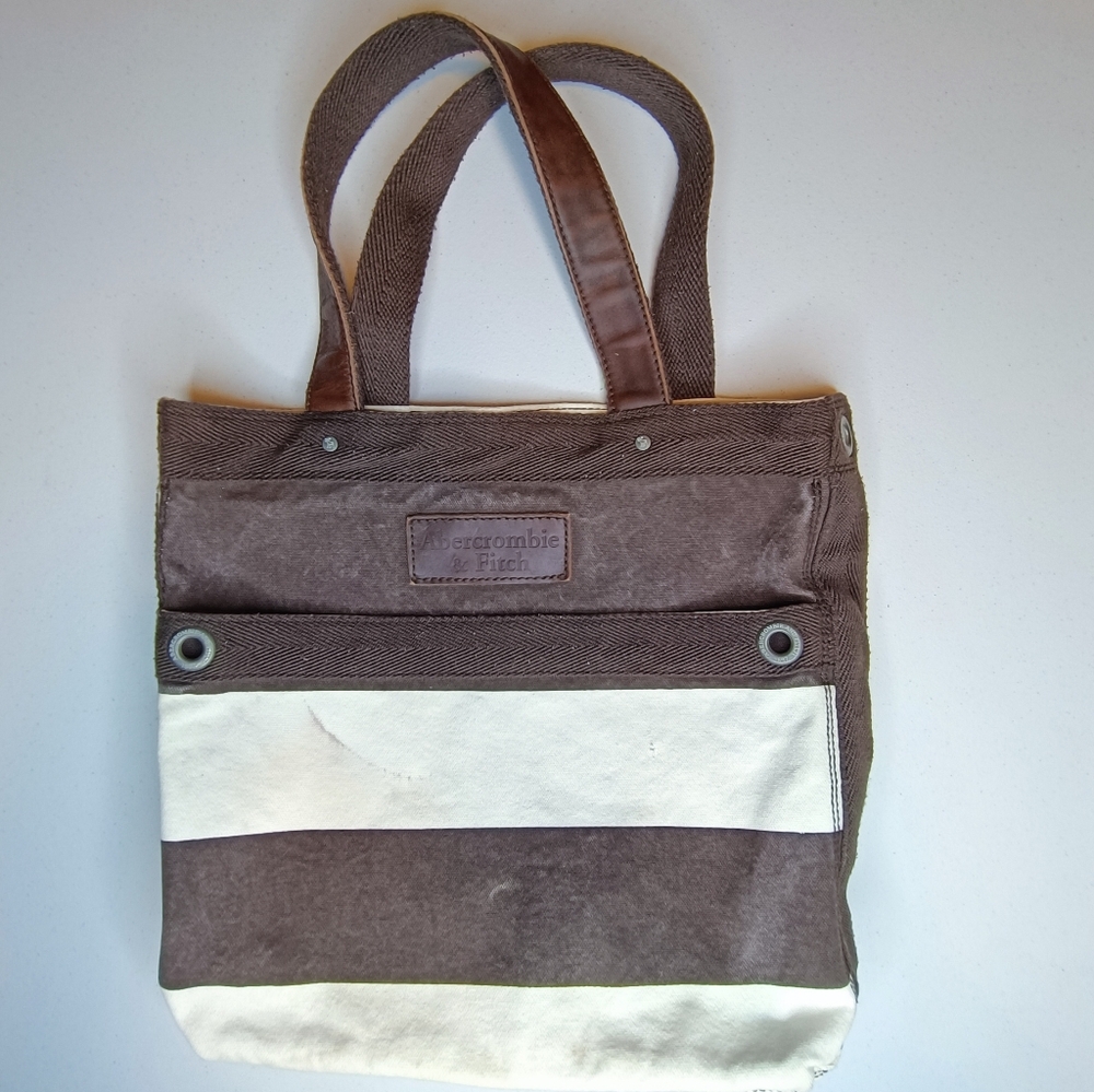 Abercrombie & Fitch Brown and Cream Striped Canvas Cotton Tote Bag